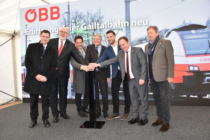 V. l.: Bgm. Alfred Altersberger (N&ouml;tsch), CEO Andreas Matth&auml; (&Ouml;BB) Bgm. Ronny Rull (St. Stefan), LH Peter Kaiser, LR Sebastian Schuschnig, Bgm. Siegfried Ronacher (Hermagor) und Bgm. Erich Kessler (Arnoldstein).