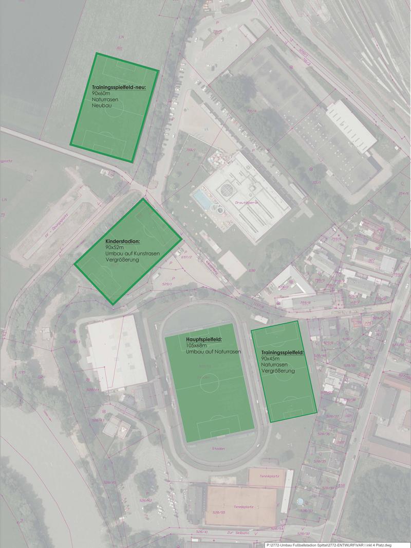 Statt der geplanten 4 Spielfelder wird es jetzt nur mehr 3 geben. Grafik:  Poltnigg & Klammer