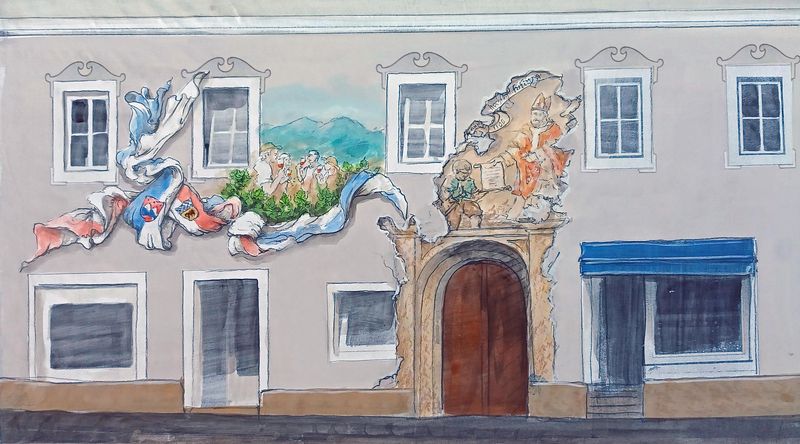 Bernd Fassak malt sehr realistisch, dies ist nur eine gezeichnete Skizze. Er zeigt ein historisches Fresco mit dem Bischof, der die Urkunde zur&uuml;ckgibt und noch eine Weinrebe. Die soll die lange gemeinsame Geschichte von Obervellach mit Freising symbolisie