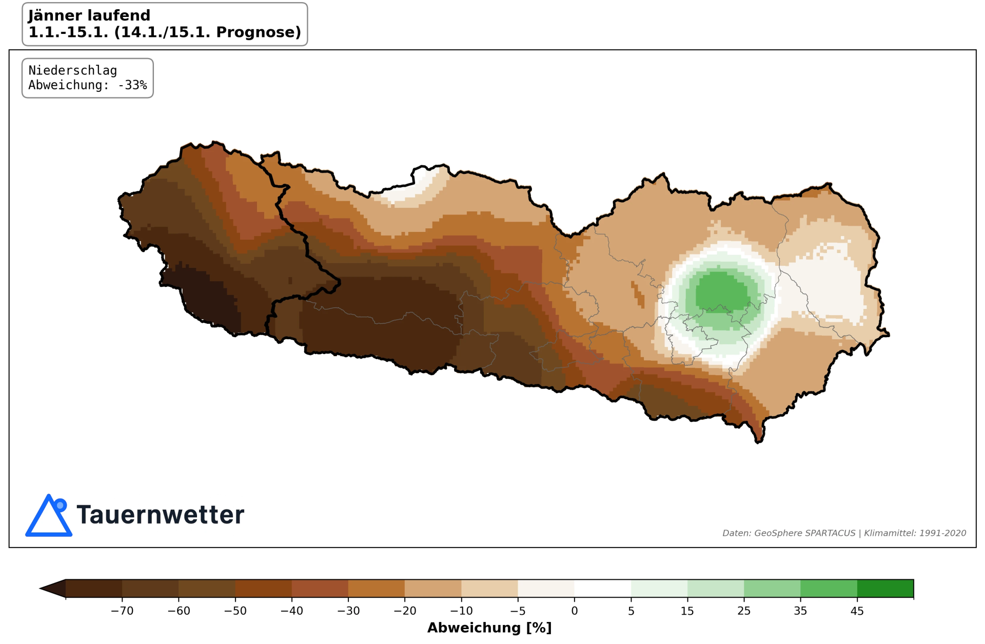 Die Grafik f&uuml;r K&auml;rnten zeigt: Besonders Oberk&auml;rnten bekam wenig Niederschlag ab. Grafik: Tauernwetter