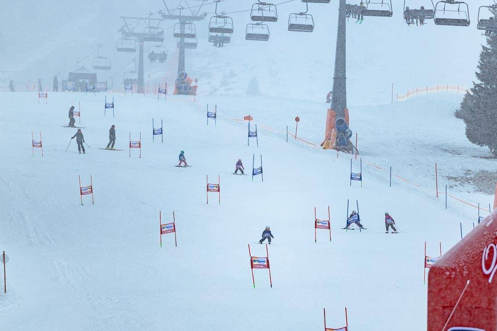Die Kinder im Alter von 3-12 Jahren carvten durch den Stangenwald die Pflugabfahrt am Zettersfeld hinunter.