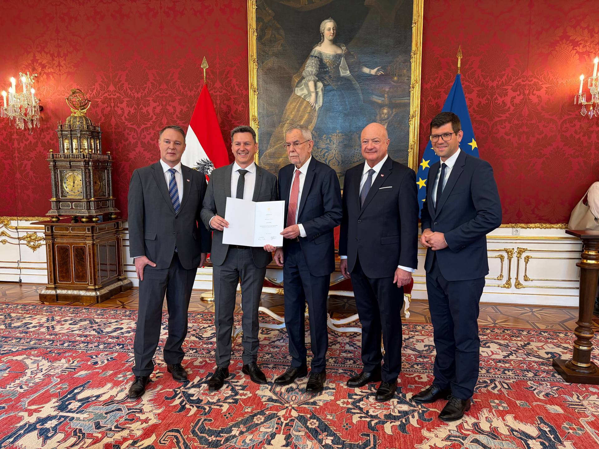 Vizekanzler Andreas Babler, Landeshauptmann Daniel Fellner, Bundespr&auml;sident Alexander Van der Bellen, Bundeskanzler Christian Stocker, Landeshauptmann-Stellvertreter Martin Gruber