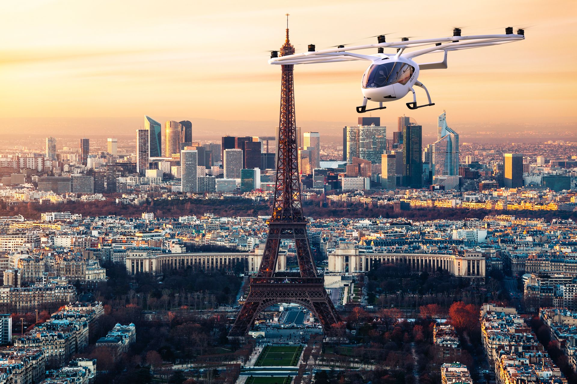 So k&ouml;nnte das Flugtaxi VoloCity &uuml;ber Paris scheben. Fotomontage: Volocopter
