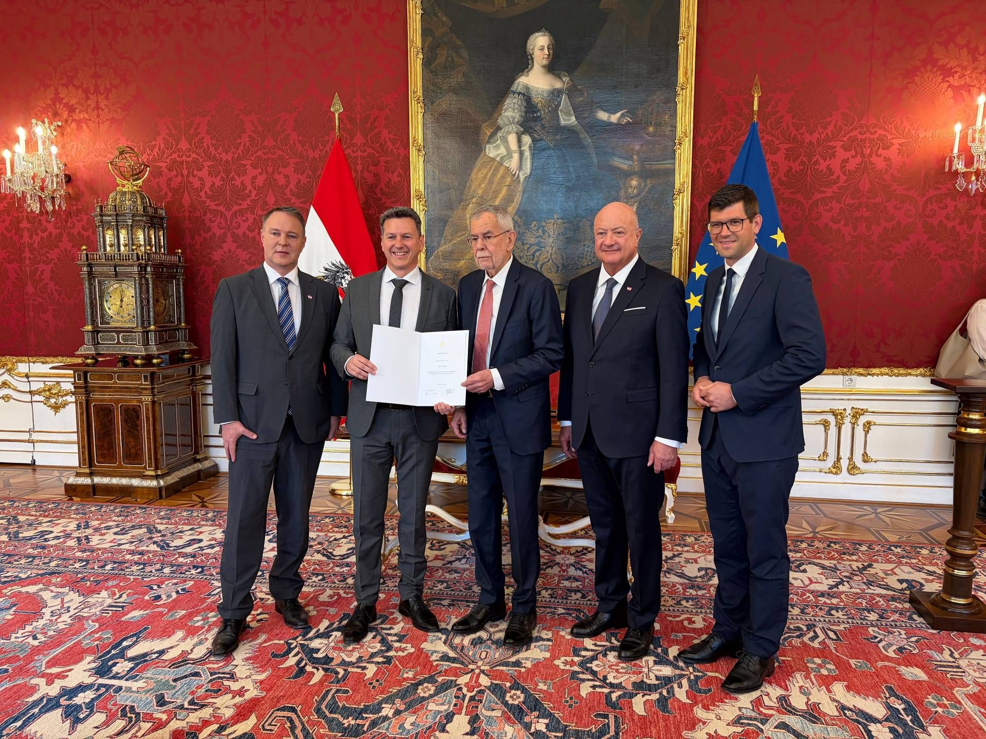 Vizekanzler Andreas Babler, Landeshauptmann Daniel Fellner, Bundespr&auml;sident Alexander Van der Bellen, Bundeskanzler Christian Stocker, Landeshauptmann-Stellvertreter Martin Gruber