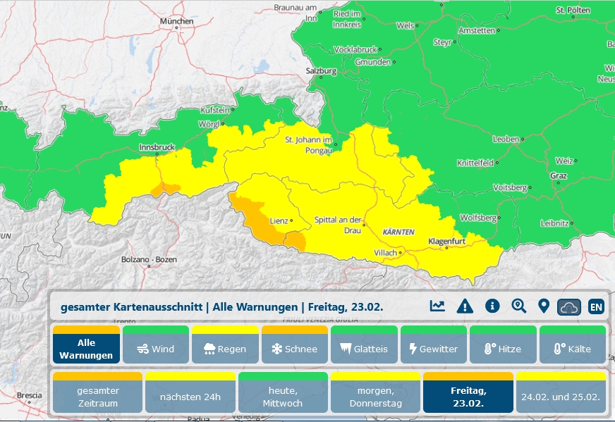 Schnee-Wetterwarnung auch f&uuml;r Teile Osttirols