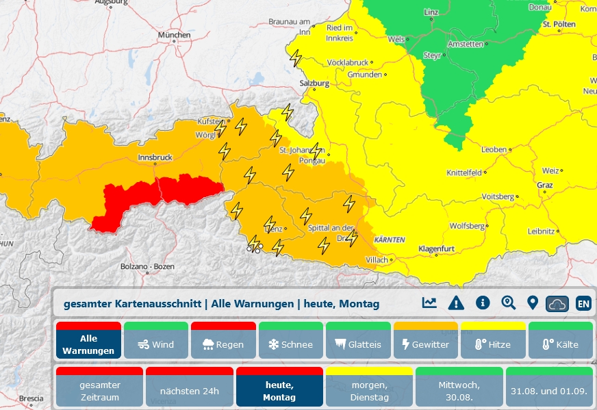 Wetterwarnung: heftige Gewitter und gro&szlig;e Regenmengen