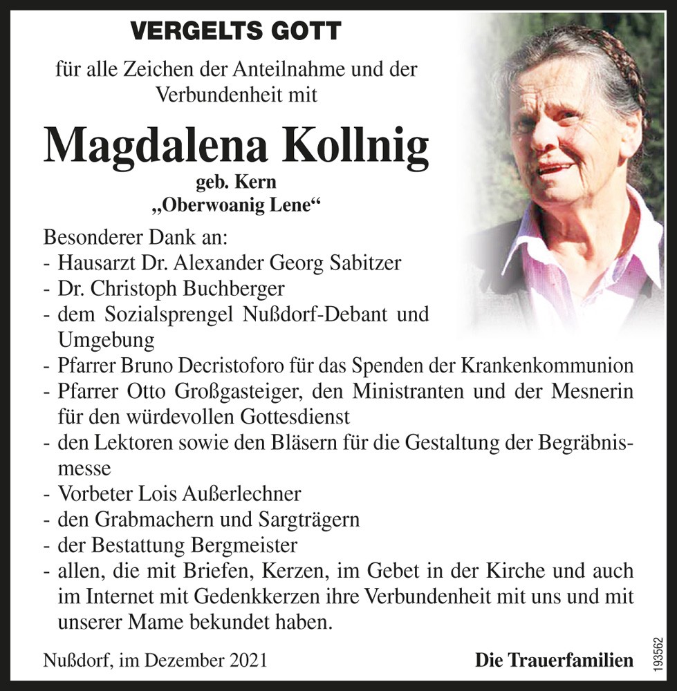 Magdalena Kollnig, geb. Kern, "Oberwoarnig Lene"