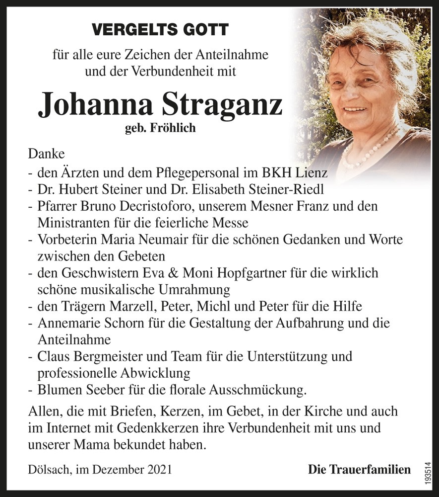 Johanna Straganz, geb. Fr&ouml;hlich