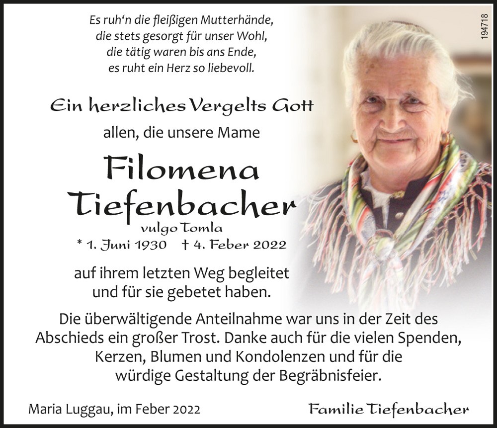 Filomena Tiefenbacher, geb. Unterguggenberger, vlg. Tomla