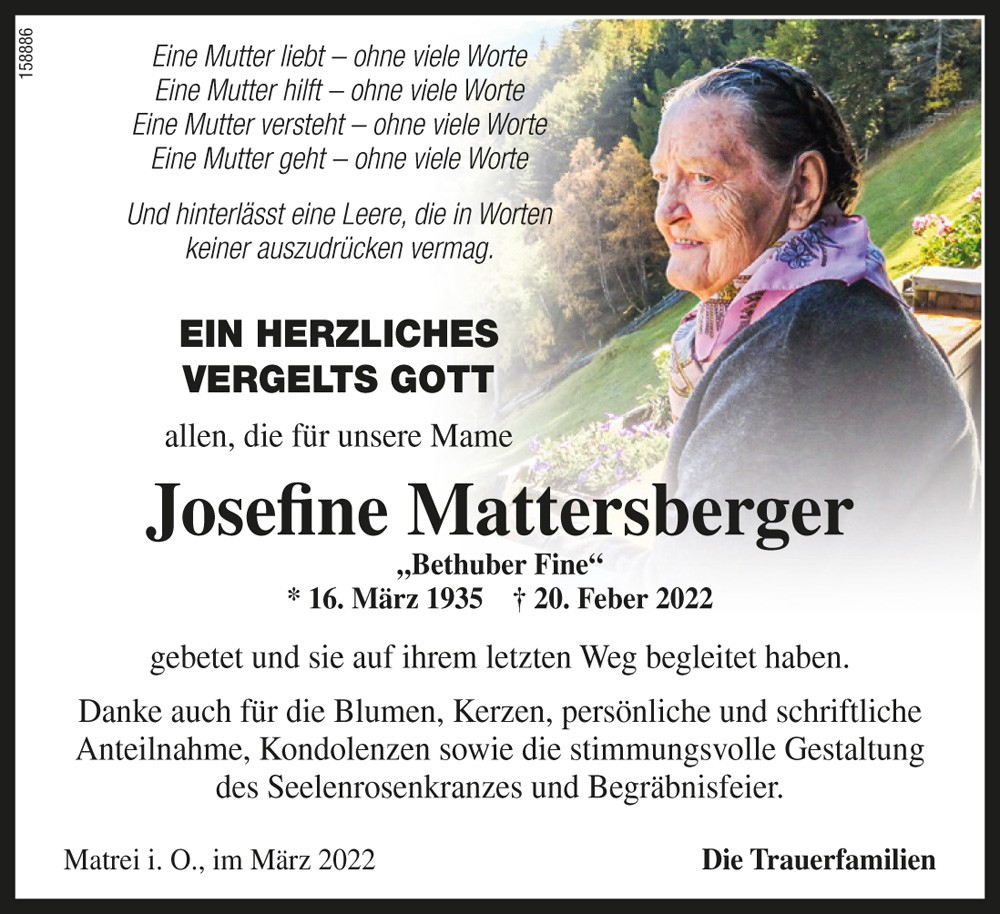 Josefine Mattersberger, geb. Steiner, "Bethuber Fine"