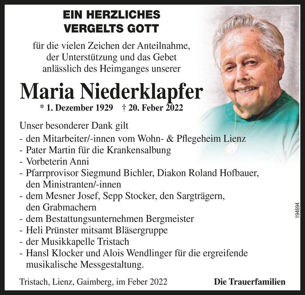 Maria Niederklapfer, geb. Tscharnig