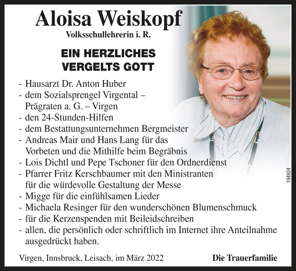 Aloisia Weiskopf, geb. A&szlig;mair, VS-Lehrerin i.R.
