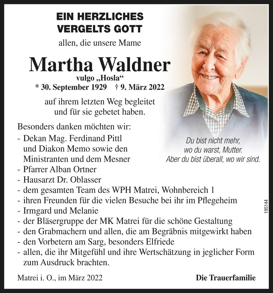 Martha Waldner, geb. Wibmer, vlg. Hosla
