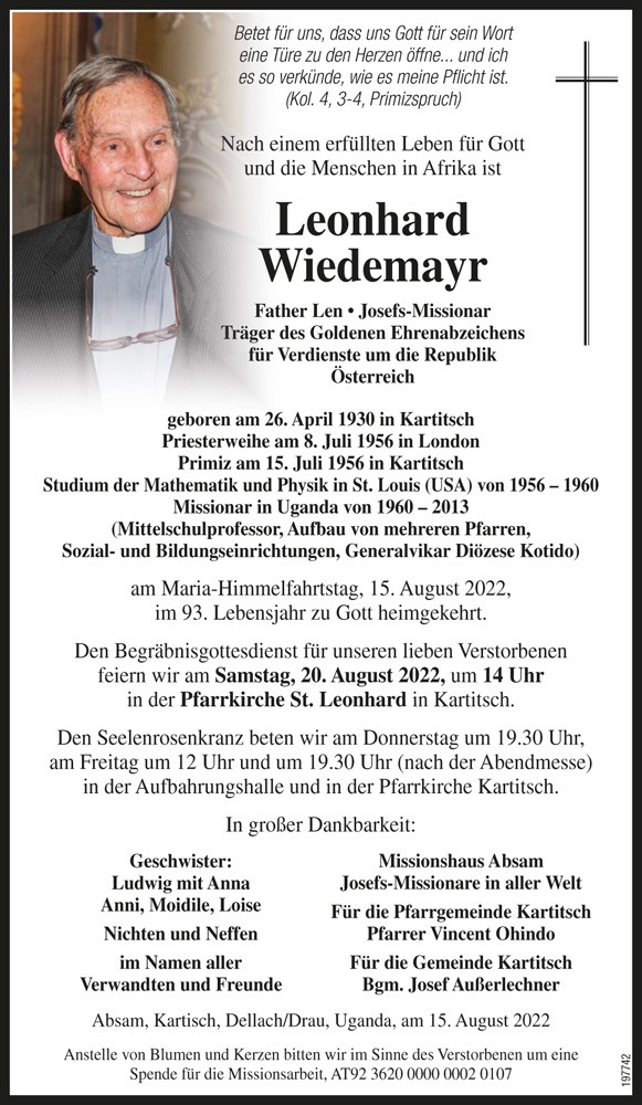 Leonhard Wiedemayr, Father Len - Josefs-Missionar