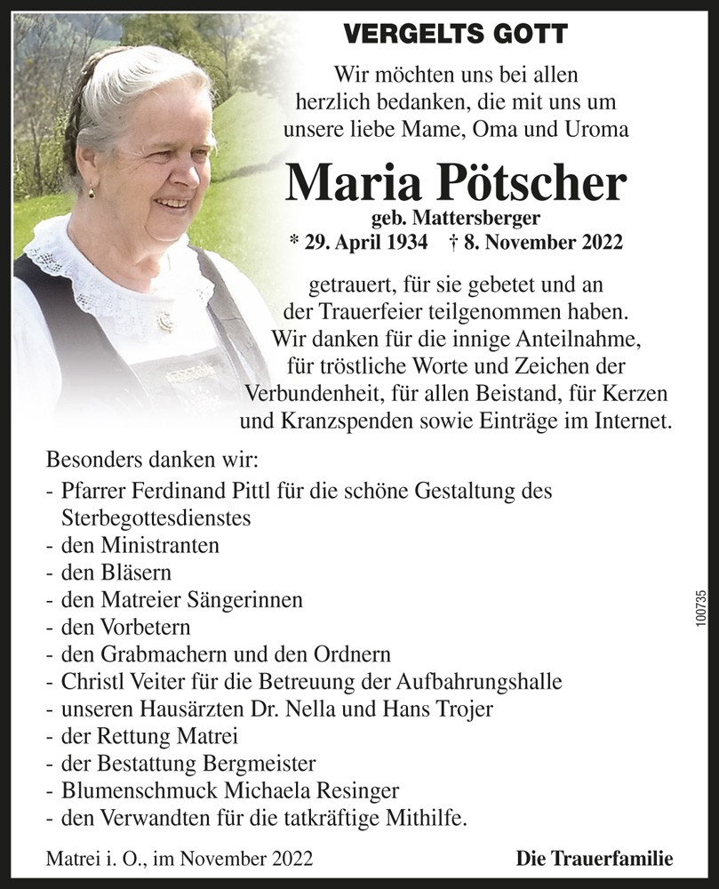 Maria P&ouml;tscher, geb. Mattersberger, "Worniger Moidl"