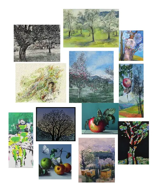 •	Bildmosaik „Streuobstwiesen“. Alle an der Ausstellung beteiligten Künstler/innen sind darin mit Werk-Ausschnitten vertreten