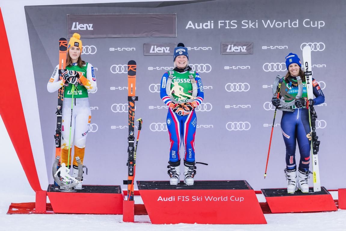 Das RTL-Siegerpodium mit v.l: Petra Vlhova, Tessa Worley und Sara Hector. Foto: Expa Pictures